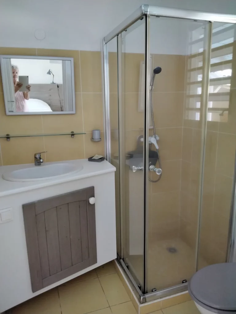 Habitation de l'anse mancenillier, salle de douche avec lavabo, miroir, douche à l'italienne et WC.