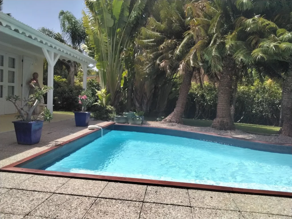 Piscine entourée de palmiers à l’Habitation de l’Anse Mancenillier à Saint-François en Guadeloupe