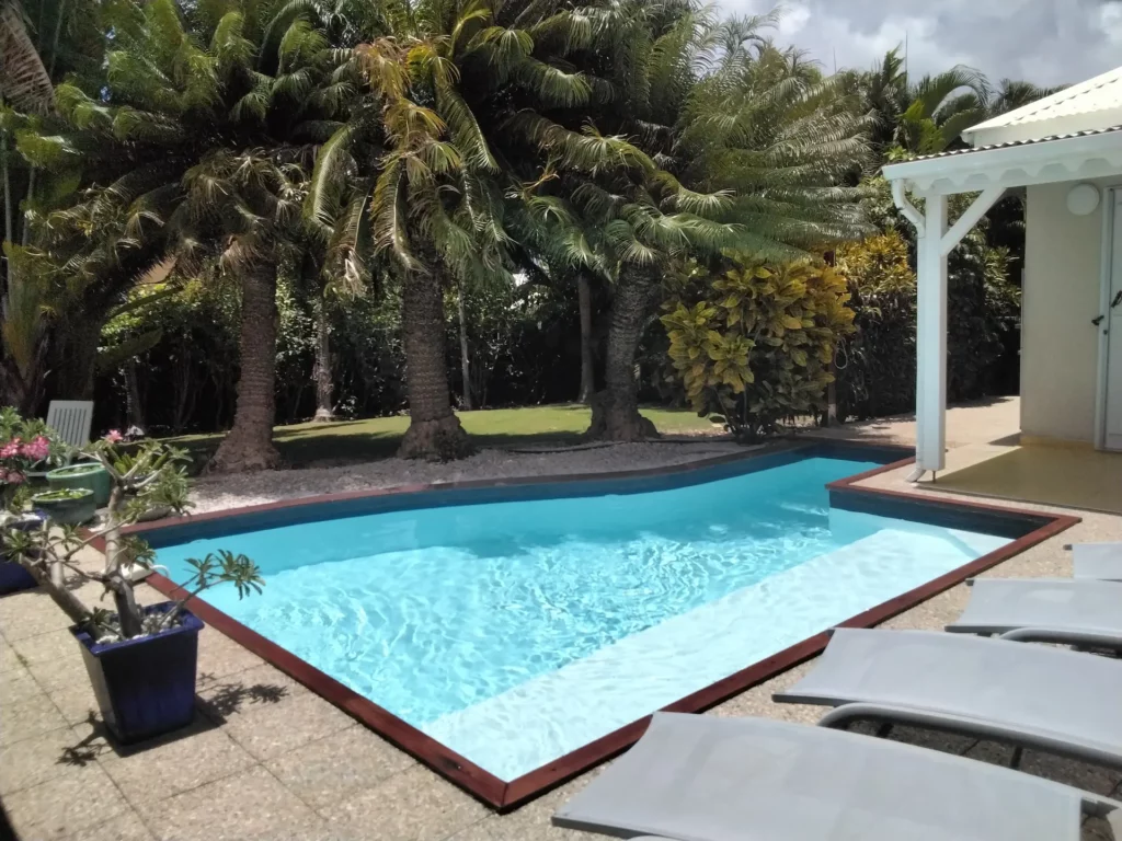 Habitation de l'anse mancenillier, la piscine et la vue sur le jardin de cocotiers